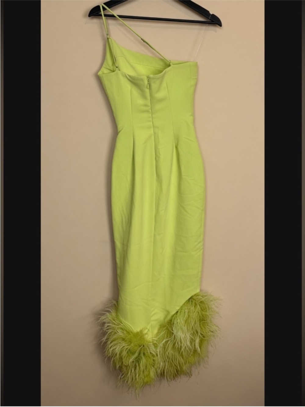House Of Cb 'Alessia' Green Asymmetric Feather Trim Midi Dress Size S US4-6 $369 - Picture 10 of 10